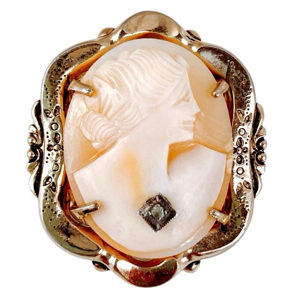 Vintage Coro Cameo Brooch 40s-50s Diamond Accent 10K Gold Plated Shell Carving